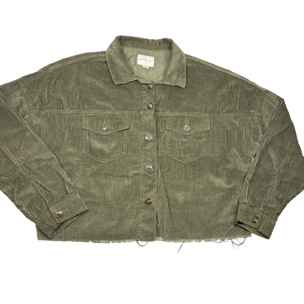 American Eagle Corduroy Cropped Shacket Olive Green Womens Medium Frayed Hem - Picture 3 of 10